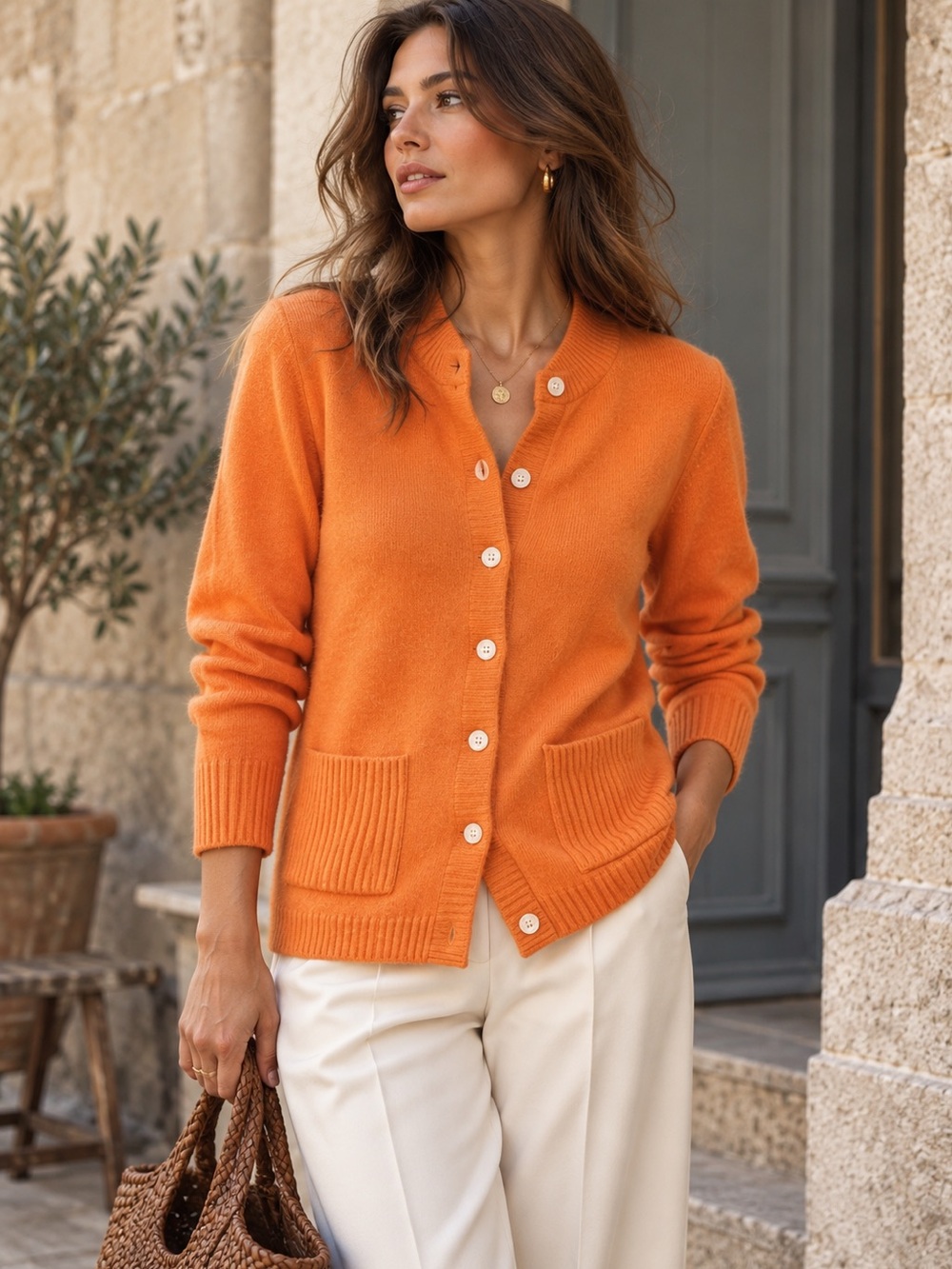 Orvis 100% Cashmere Cardigan Orange Medium Quiet Luxury Cottagecore Sweater